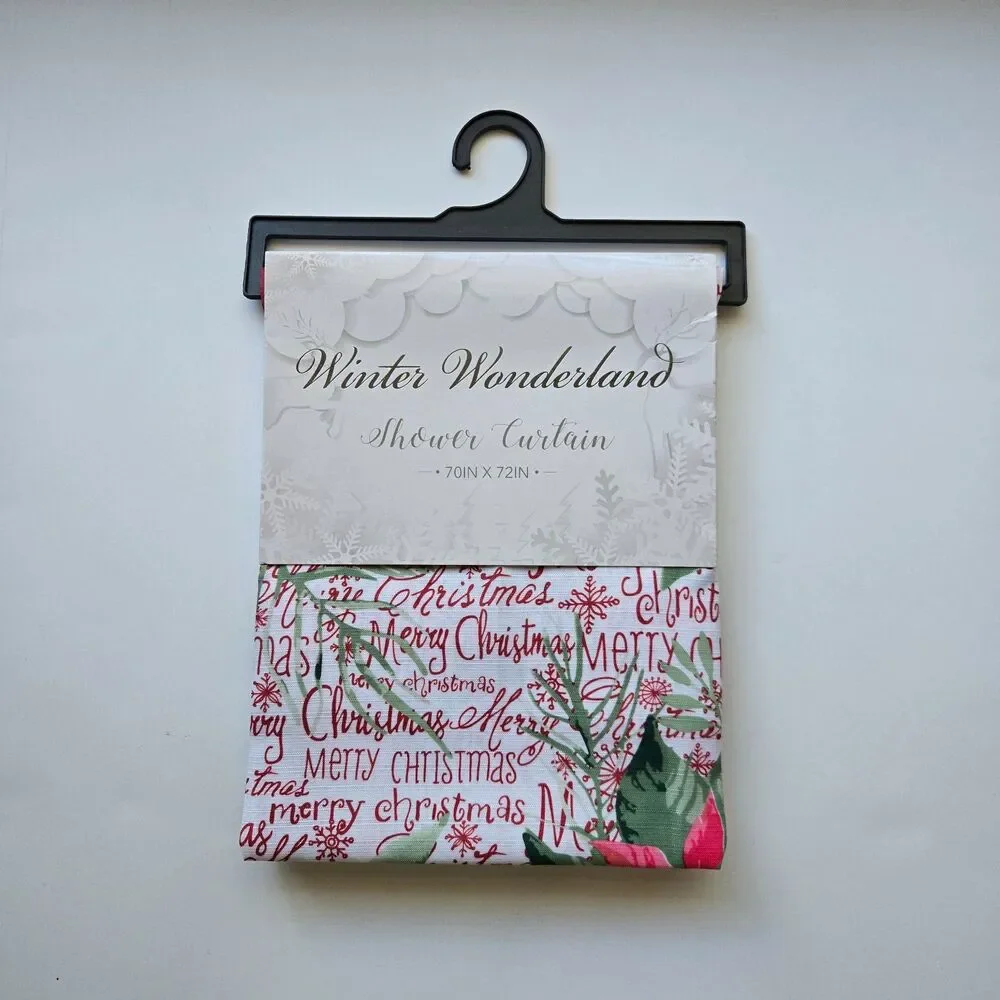 Merry Christmas Shower Curtain 70 x 72 Poinsettias Winter Wonderland